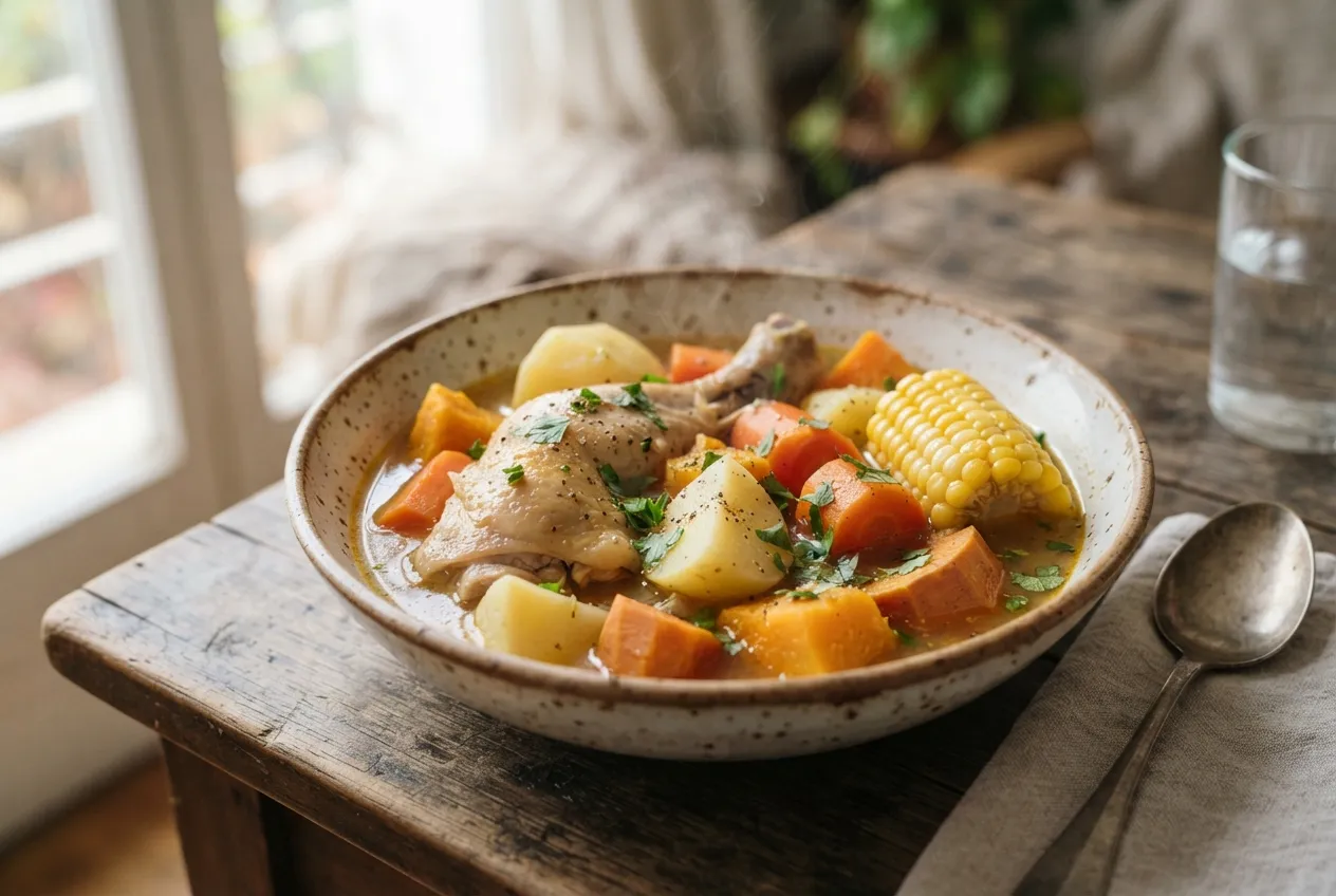 Puchero con pollo, verduras y papas para un invierno cálido