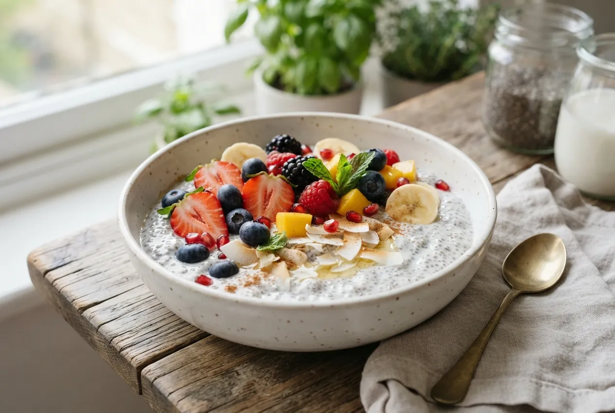 Pudin de chia con leche de coco y frutas frescas para desayuno