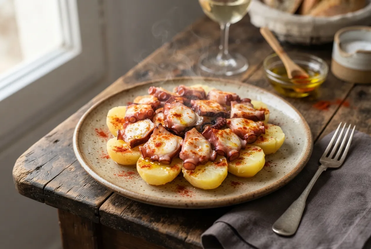 Pulpo a la gallega con pimentón, aceite y papas cocidas