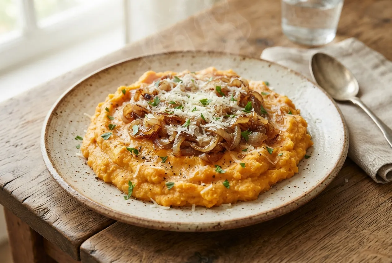 Puré de batata con cebolla caramelizada y queso rallado