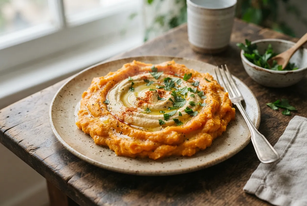 Puré de batata con hummus y perejil para acompañar
