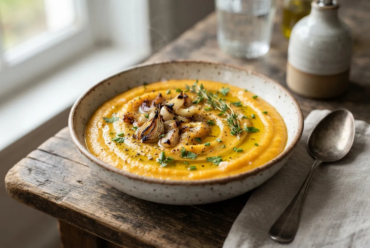 Puré de calabaza con cebolla y ajo rostizados para acompañar