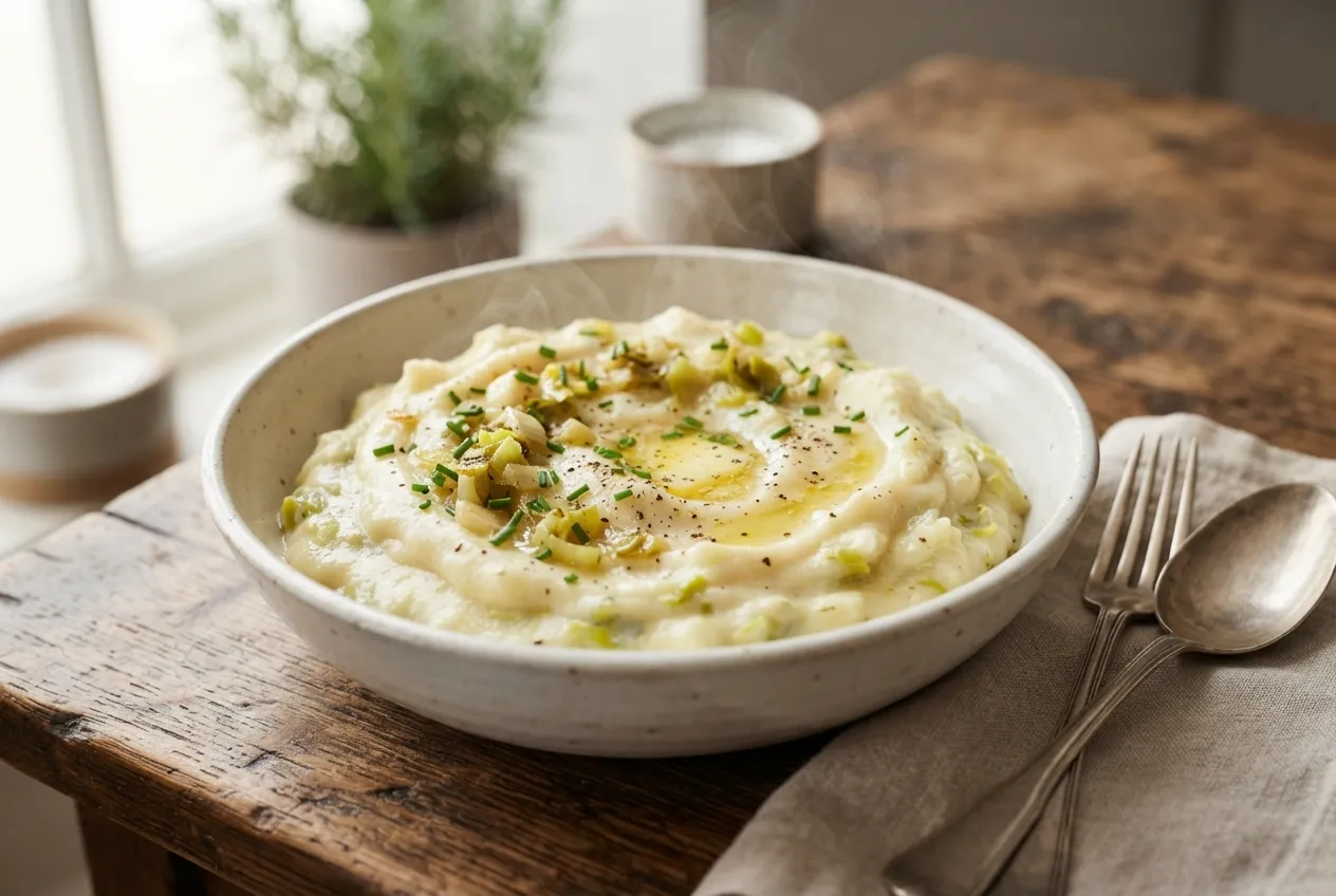 Puré de papas y puerros cremoso para acompañar carnes