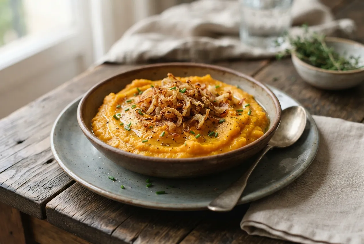Puré de zapallo con crocante de cebolla