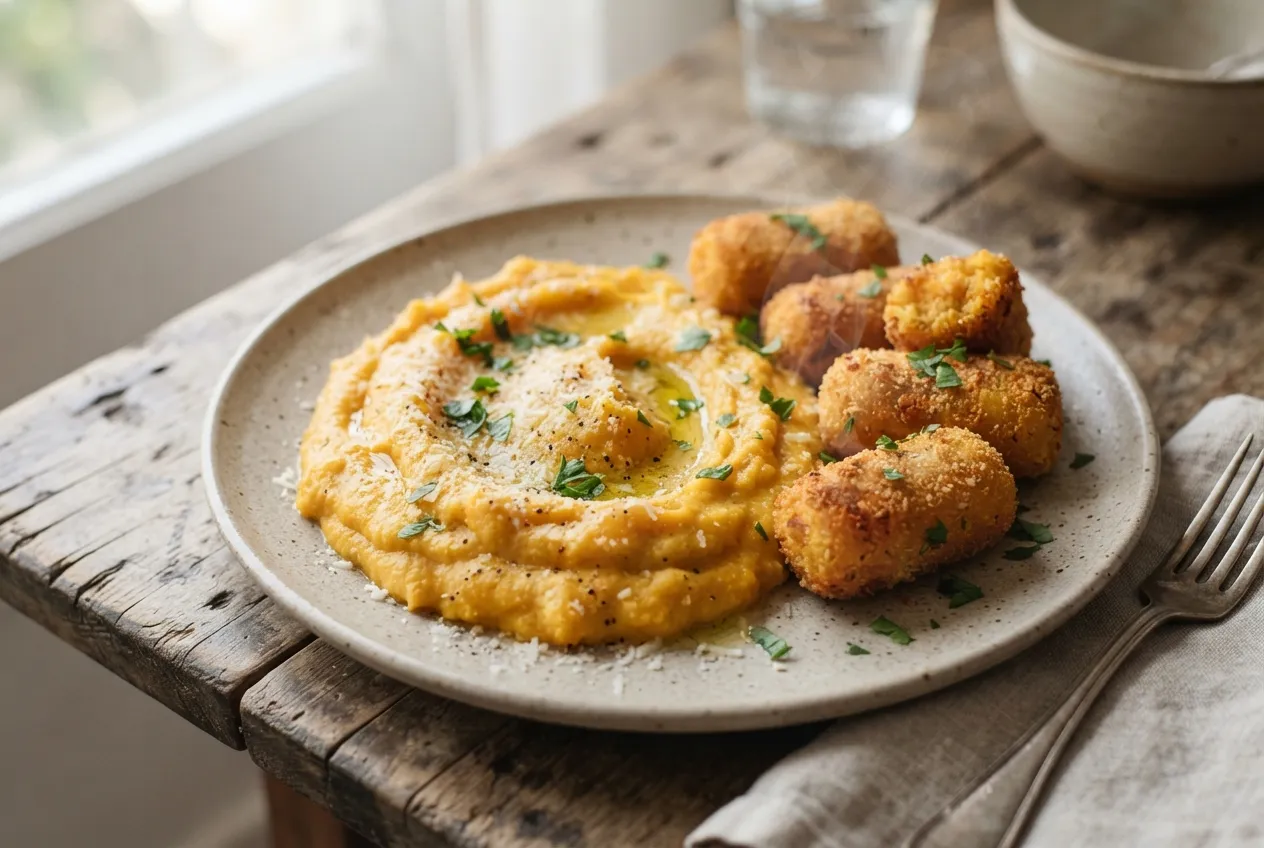 Puré de zapallo con croquetas en air fryer