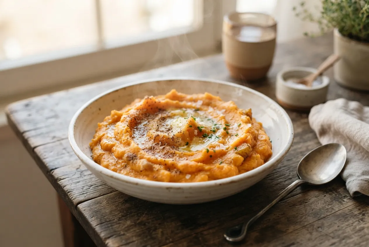 Purée rústico de batata con queso crema y nuez moscada