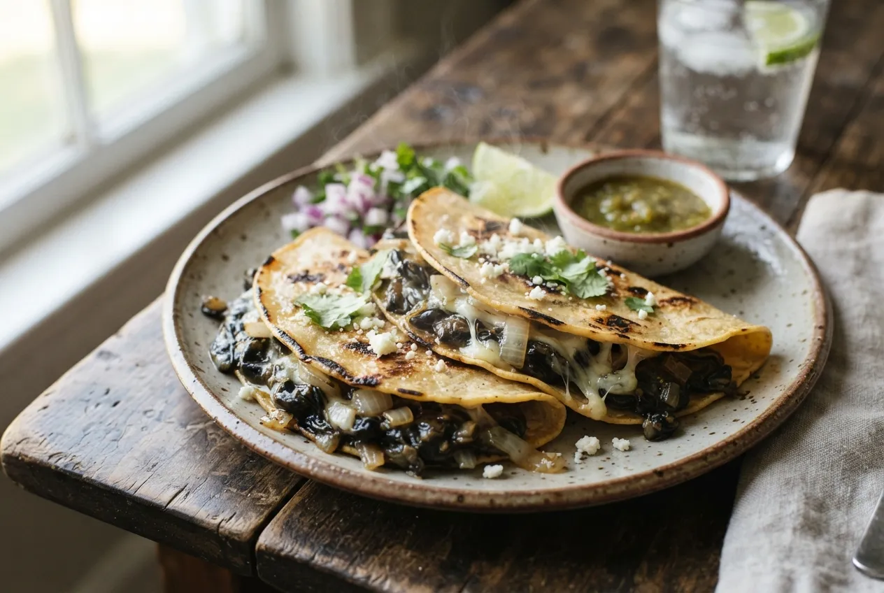 Quesadillas de huitlacoche con queso Oaxaca caseras