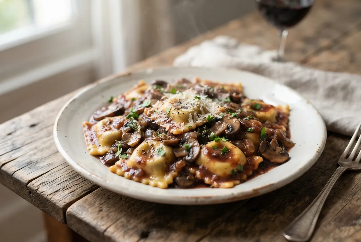 Ravioles de carne con salsa de hongos al vino tinto