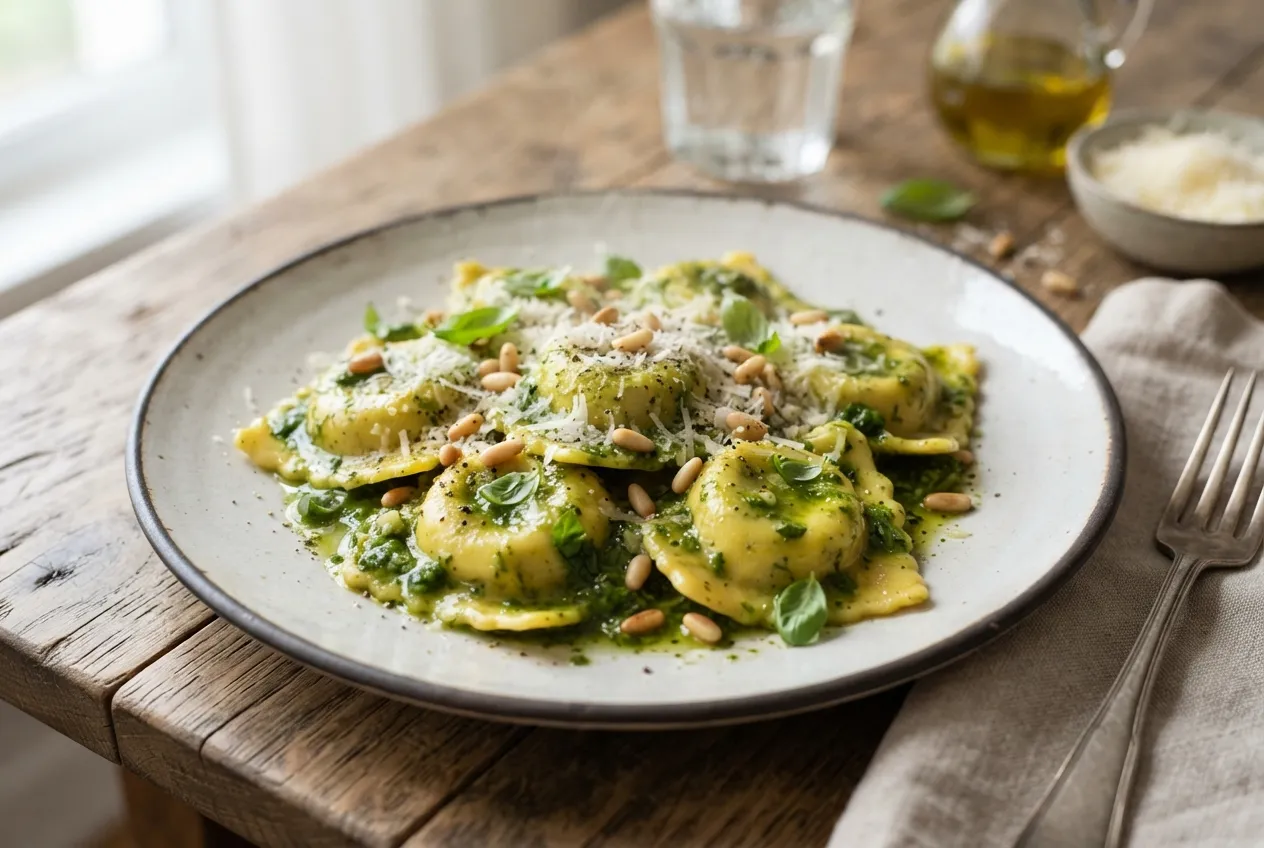 Ravioles caseros con salsa de pesto y queso rallado