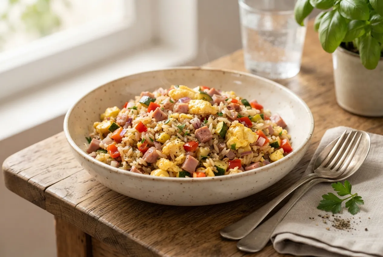 Revuelto de arroz con huevo, jamón y verduras salteadas
