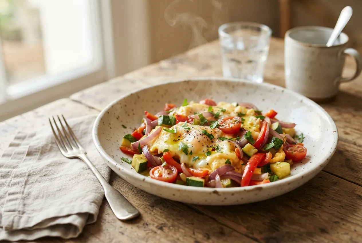 Revuelto de huevos con verduras salteadas para desayuno
