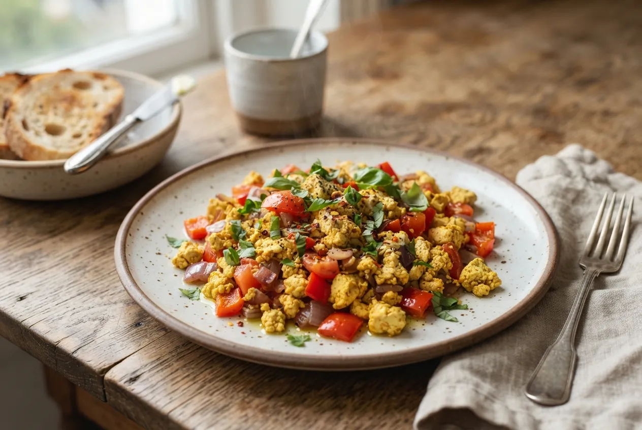 Revuelto de tofu con tomate, cebolla y morrón para desayuno