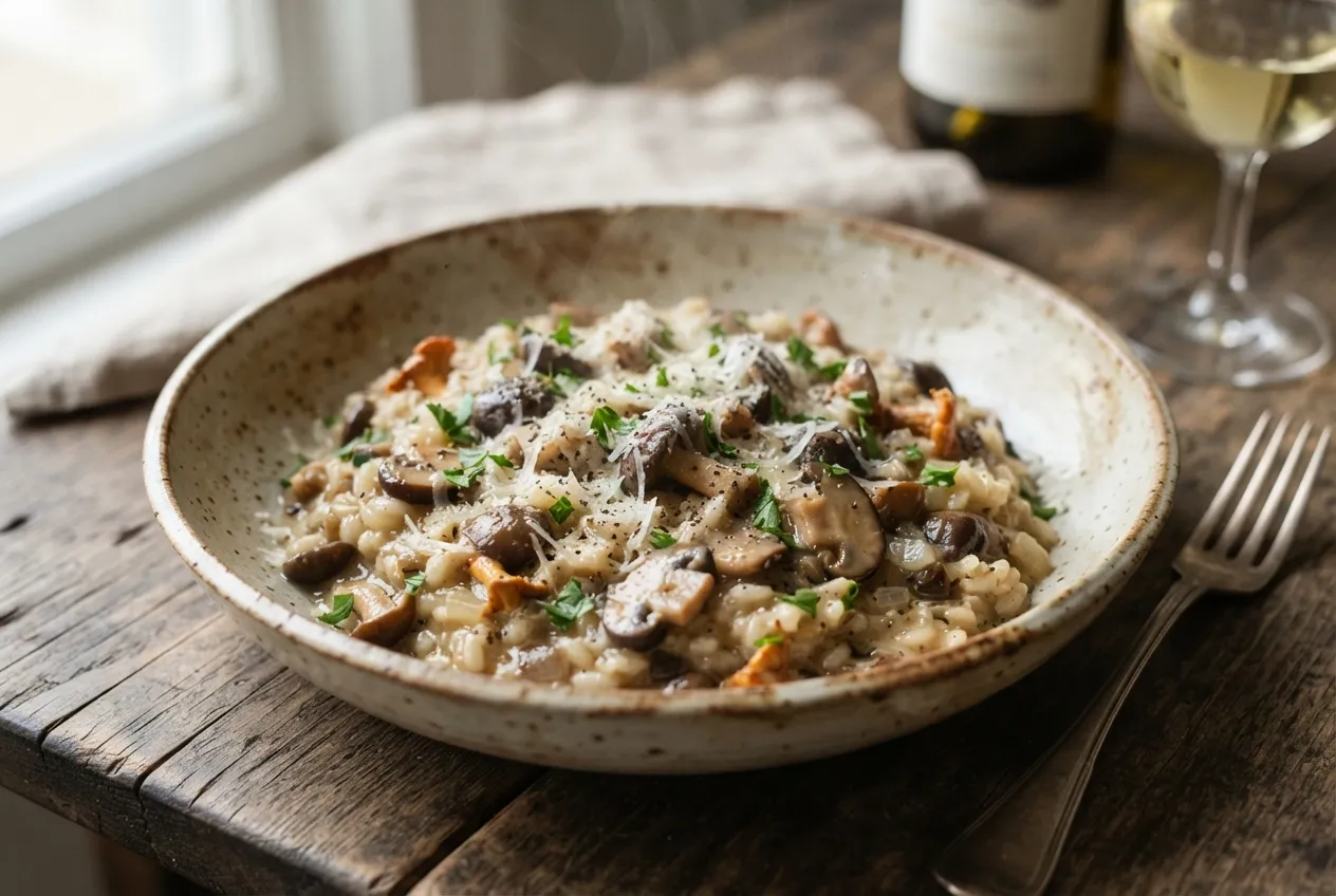 Risotto cremoso con hongos de temporada y parmesano