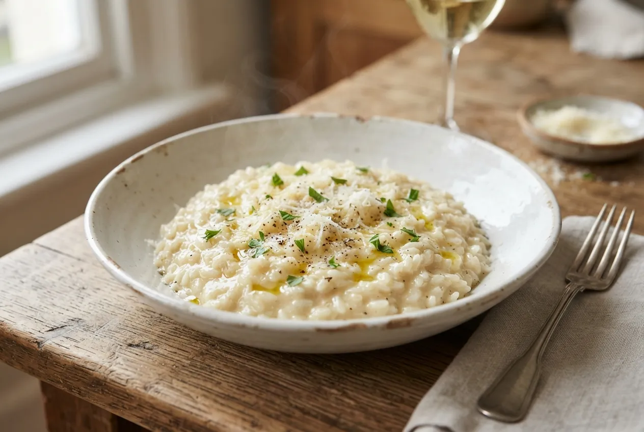 Risotto al estilo italiano con parmesano y vino blanco