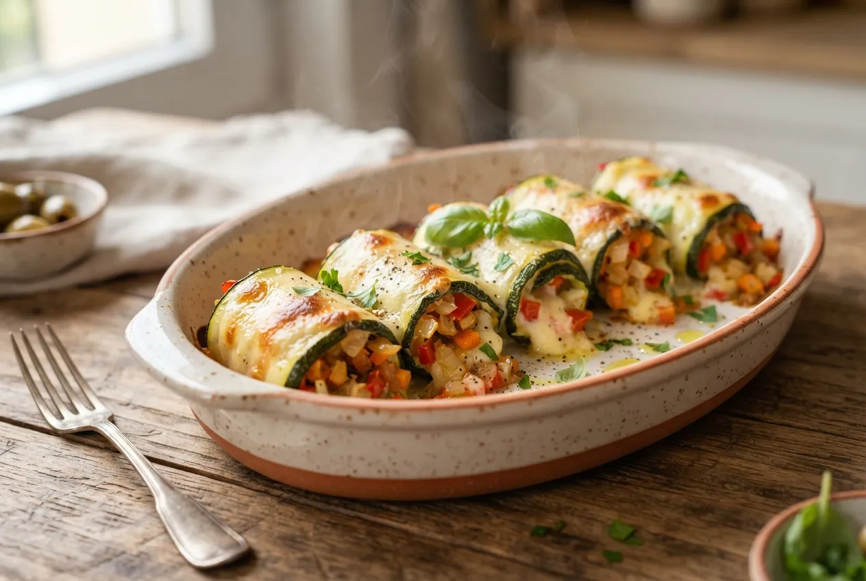 Roll de calabacín relleno de verduras y queso al horno