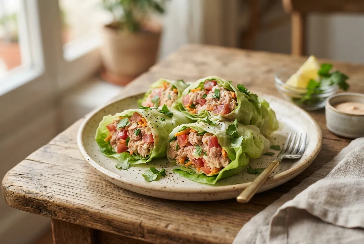 Rollitos de lechuga con atún, tomate y zanahoria