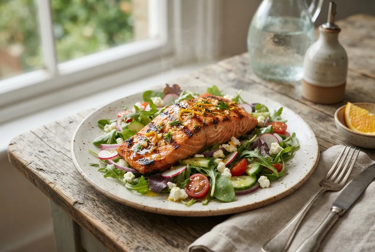 Salmón grillado con salsa de naranja y ensalada fresca