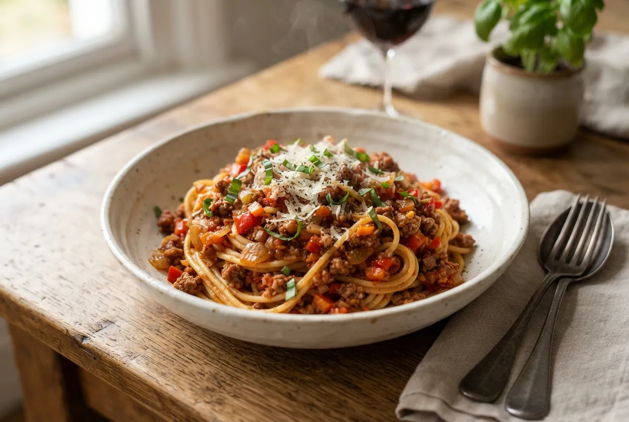 Salsa boloñesa rápida con verduras para pasta casera en la cena