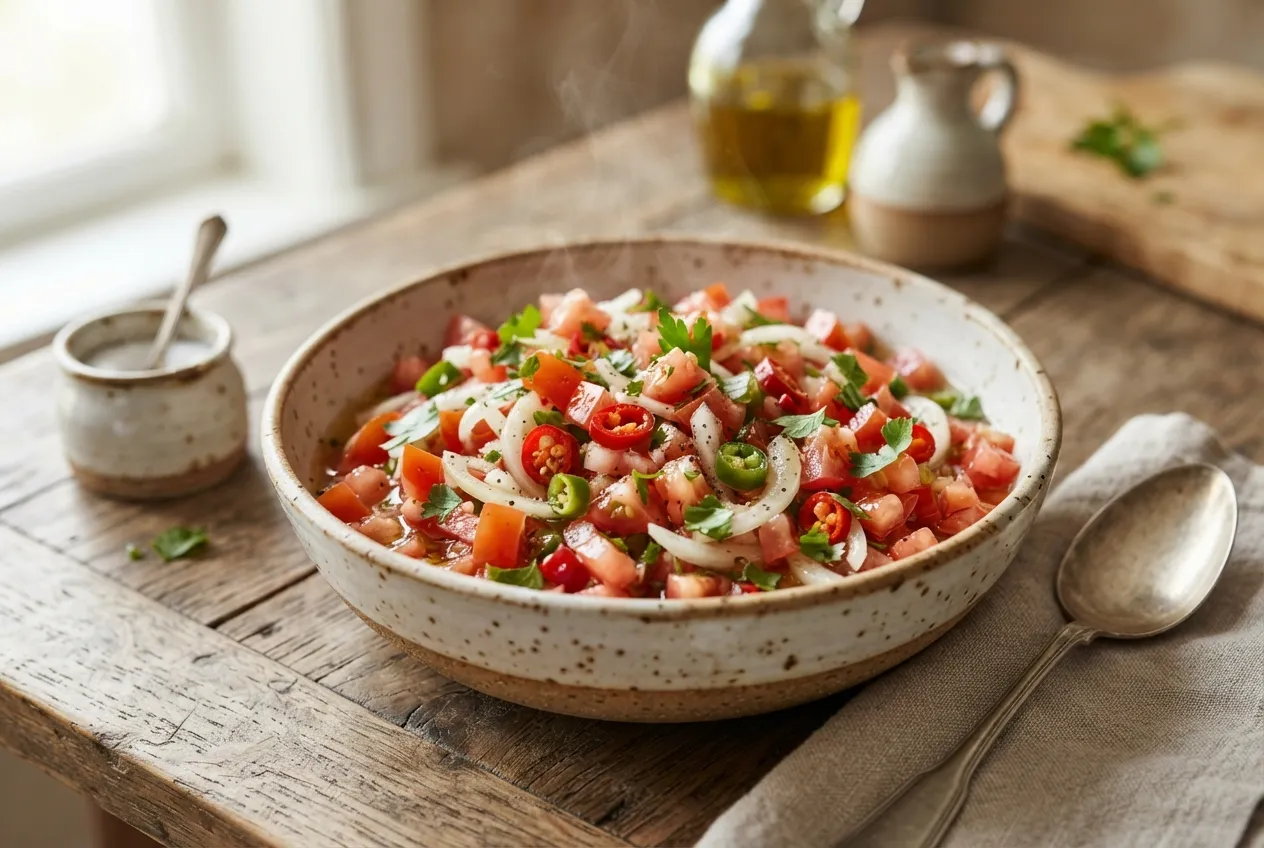 Salsa criolla con tomate, cebolla y ají picante