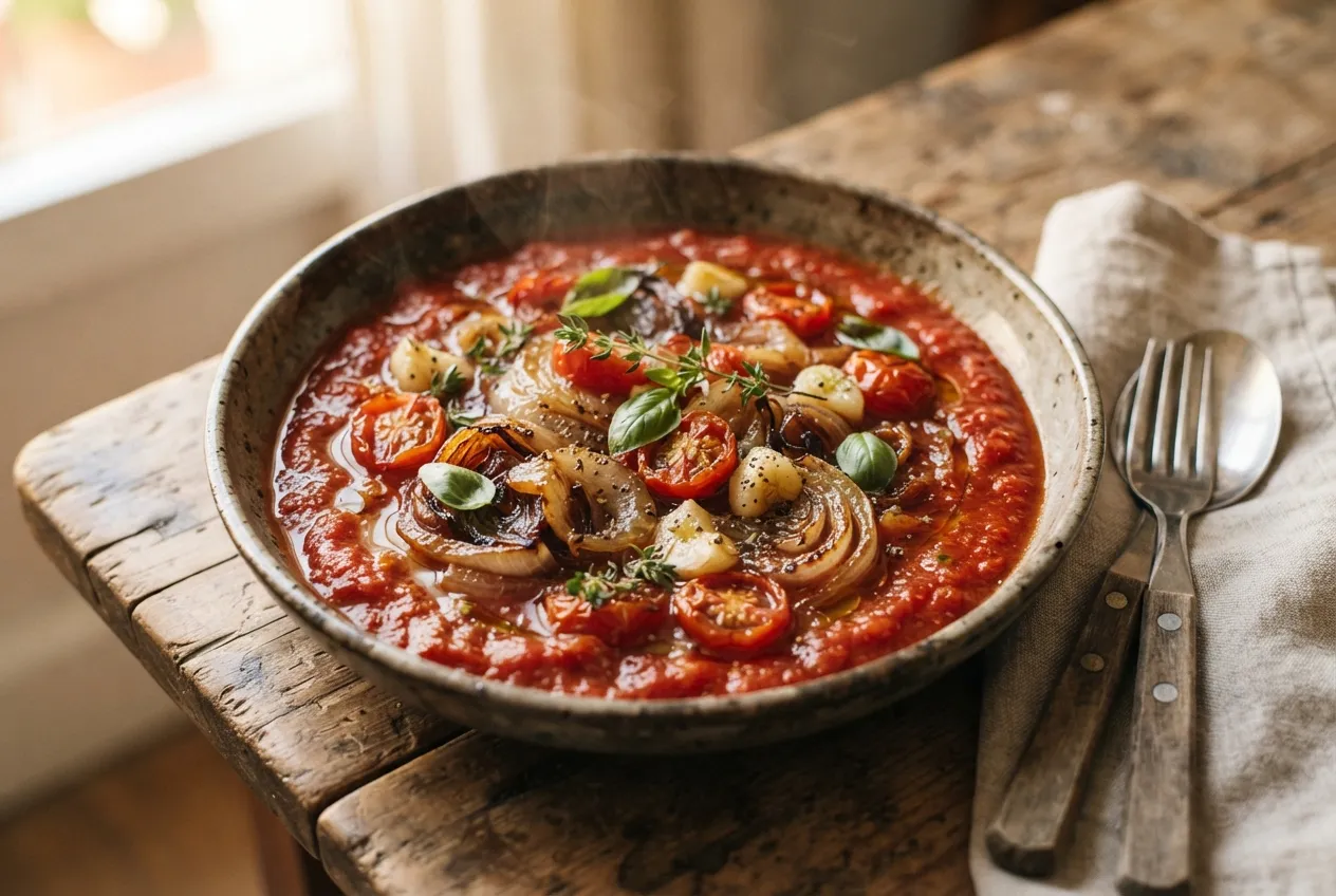 Salsa de tomate al horno con cebollas caramelizadas