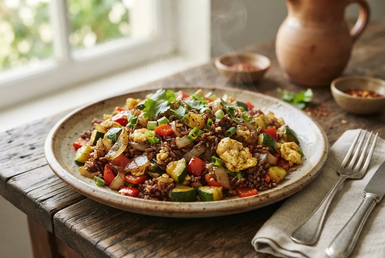 Salteado de arroz integral con verduras y huevo