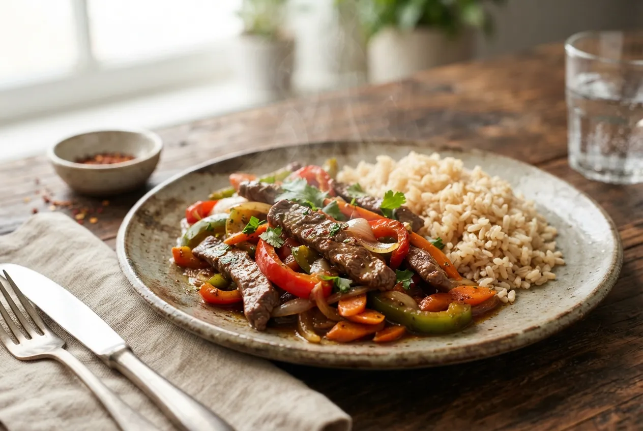 Salteado de carne con vegetales y arroz integral