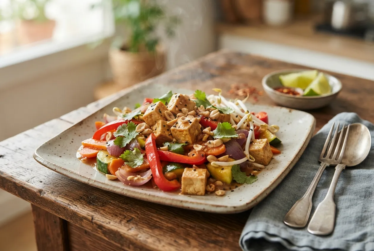 Salteado de verduras con tofu y salsa de maní