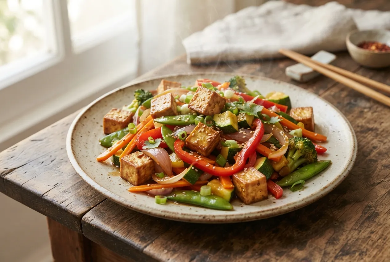 Salteado de verduras con tofu y salsa de soja