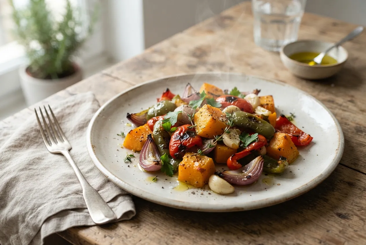 Salteado de zapallo con cebolla y pimientos a la plancha