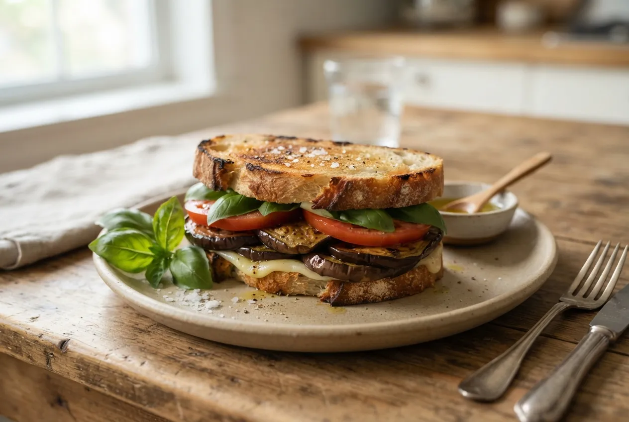 Sándwich de berenjena a la plancha con tomate y albahaca