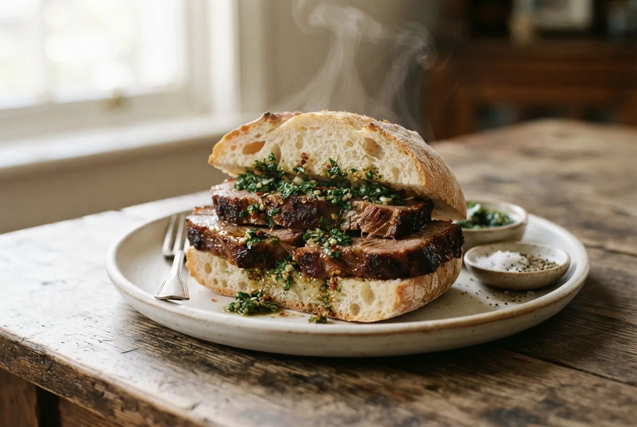 Sándwich de bondiola con chimichurri en pan casero