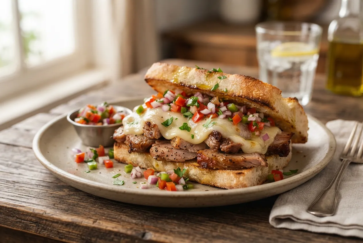 Sándwich de bondiola al horno con salsa criolla y queso derretido