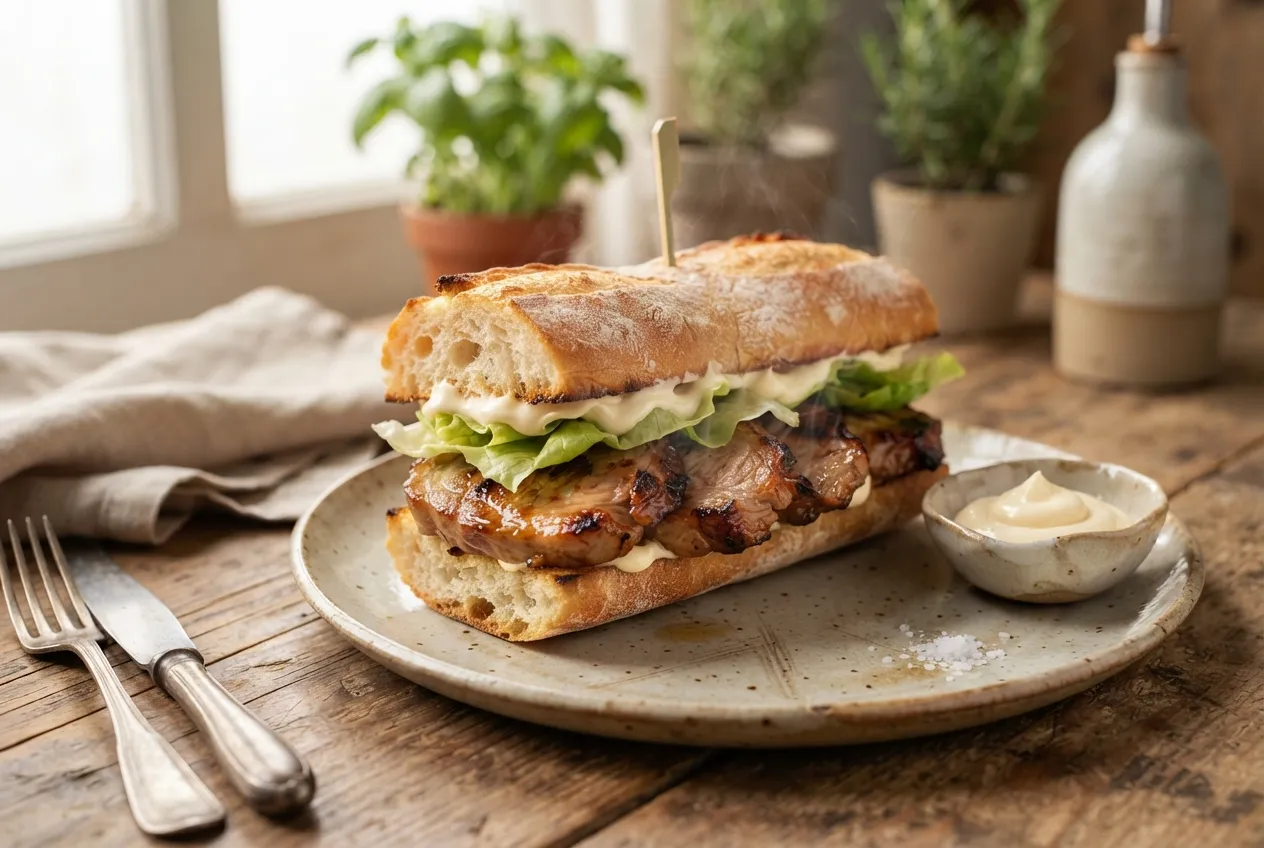 Sándwich de bondiola a la parrilla con lechuga y mayonesa