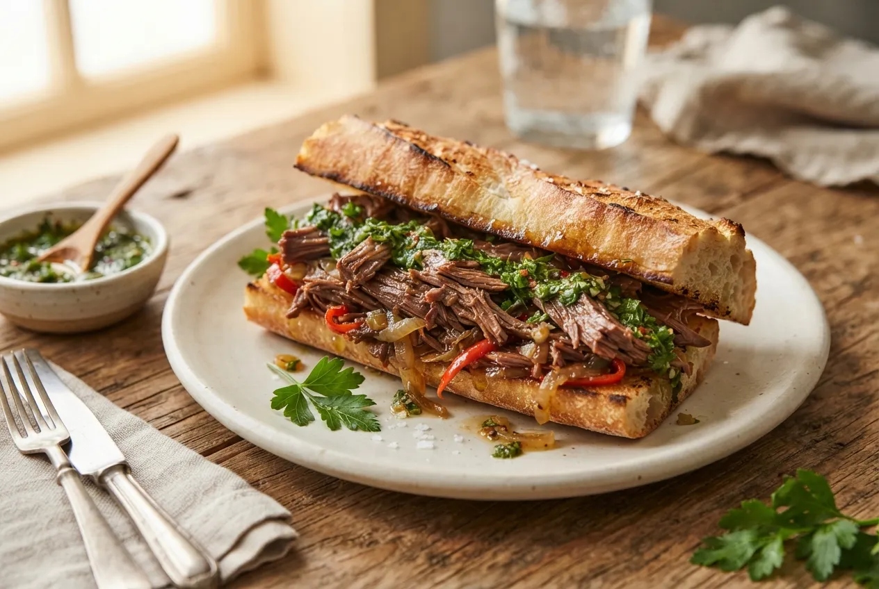 Sándwich de carne mechada con chimichurri