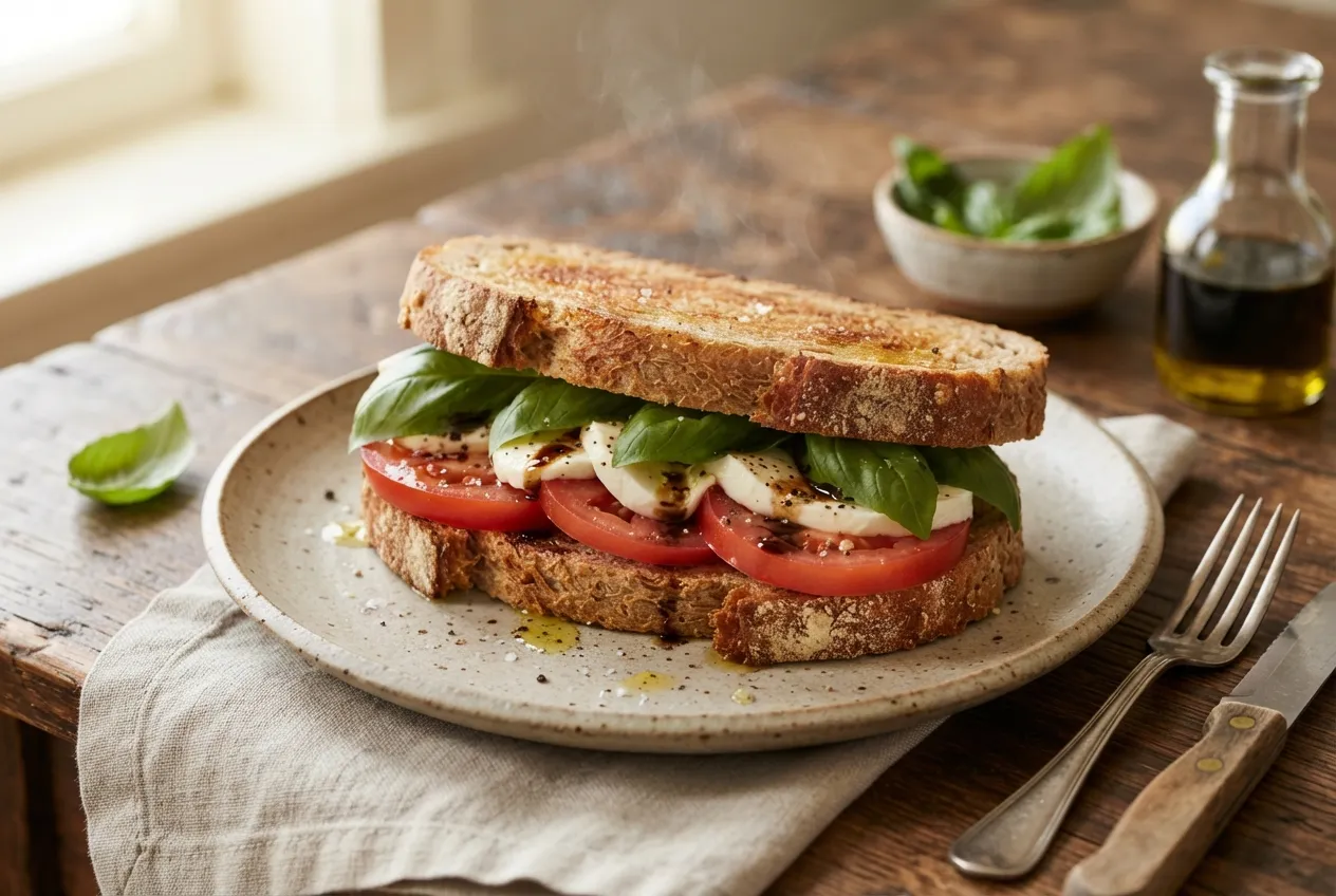 Sándwich de ensalada caprese con pan integral casero