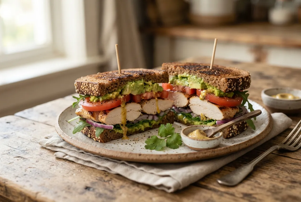 Sándwich integral con pollo, palta y tomate natural