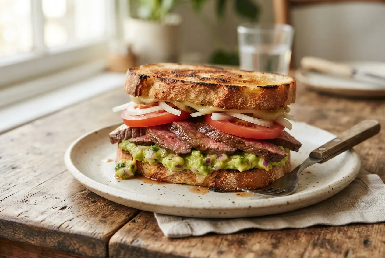Sándwich de lomo con guacamole y tomate
