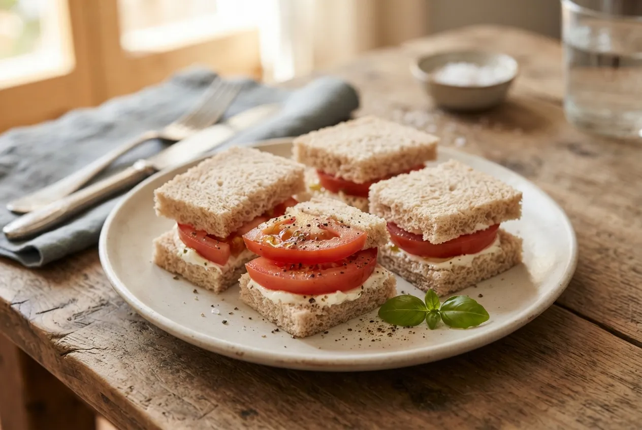 Sándwich de miga integral con queso y tomate para desayuno