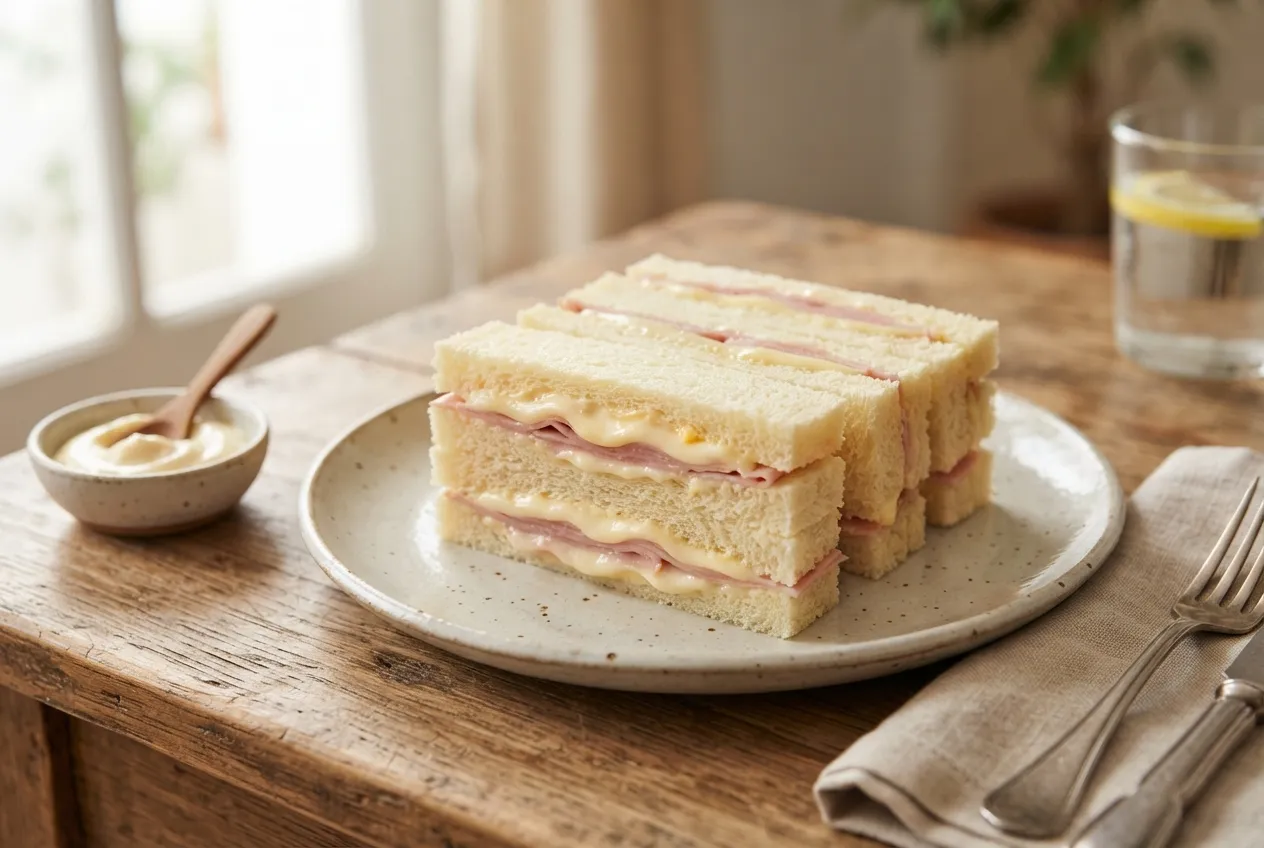 Sándwich de miga con jamón, queso y mayonesa casera