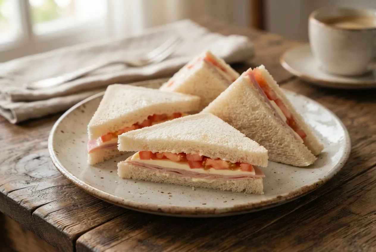Sandwich de miga con jamón, queso y tomate para desayuno