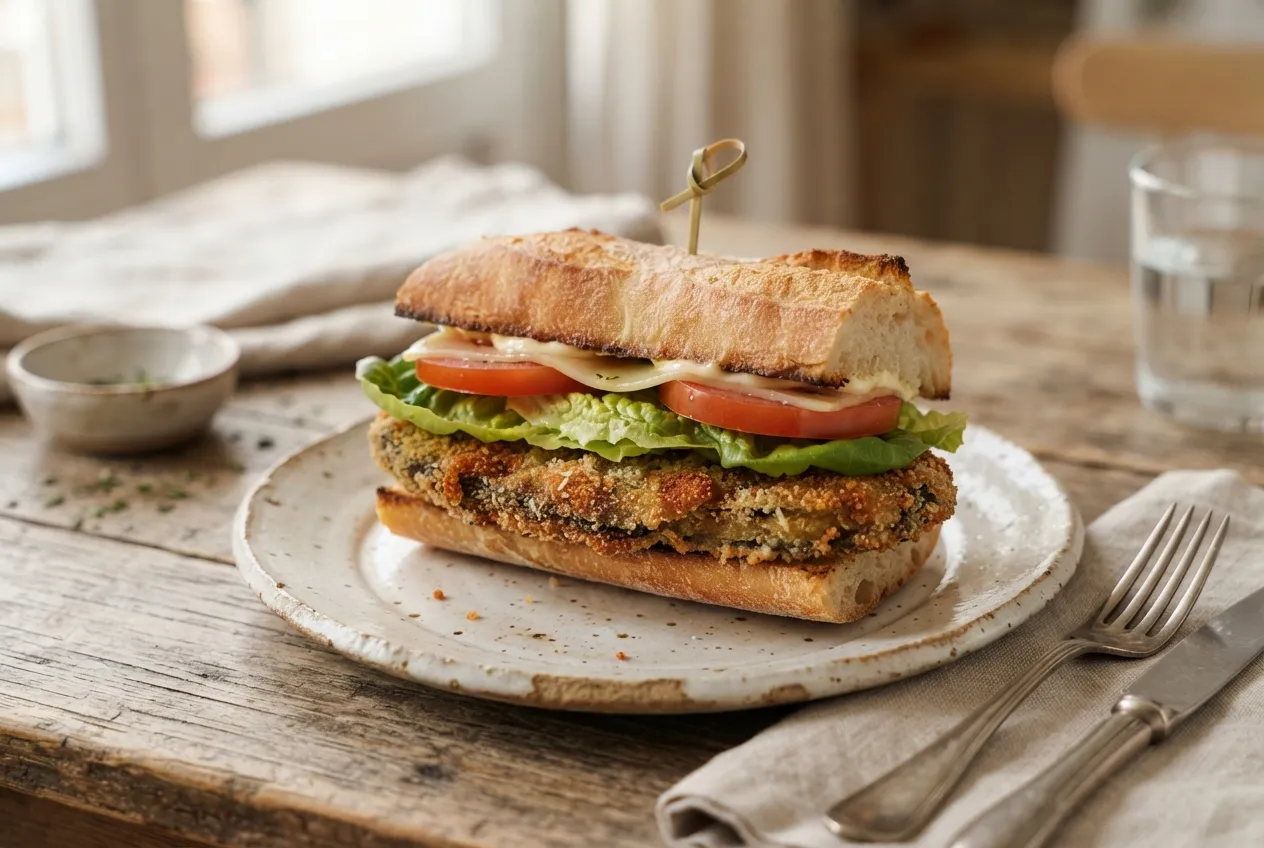 Sándwich de milanesa de berenjena con lechuga y tomate