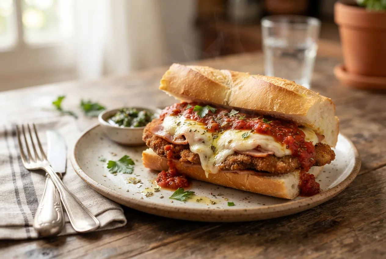 Sándwich de milanesa napolitana con jamón y queso para el almuerzo