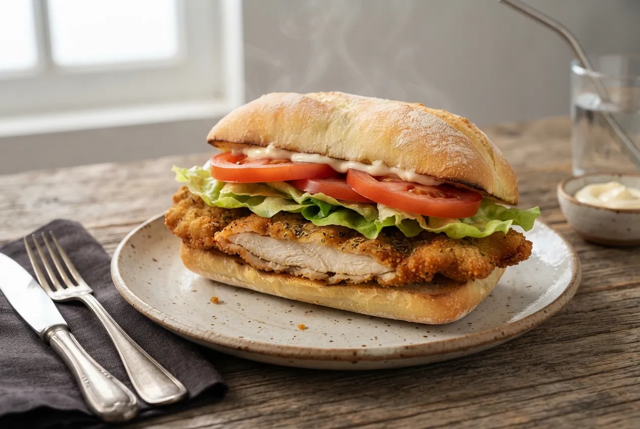 Sándwich de milanesa de pollo con lechuga y tomate