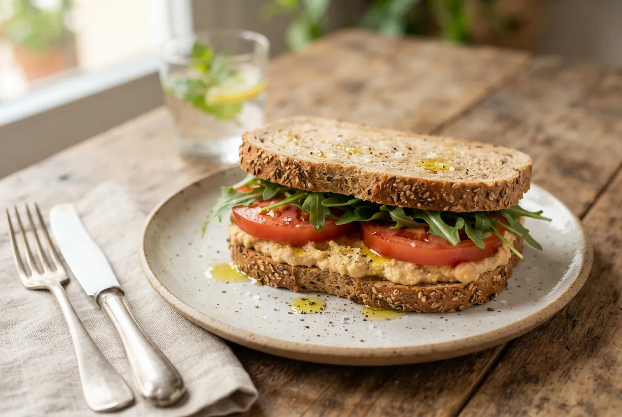 Sándwich de pan integral con hummus, tomate y rúcula