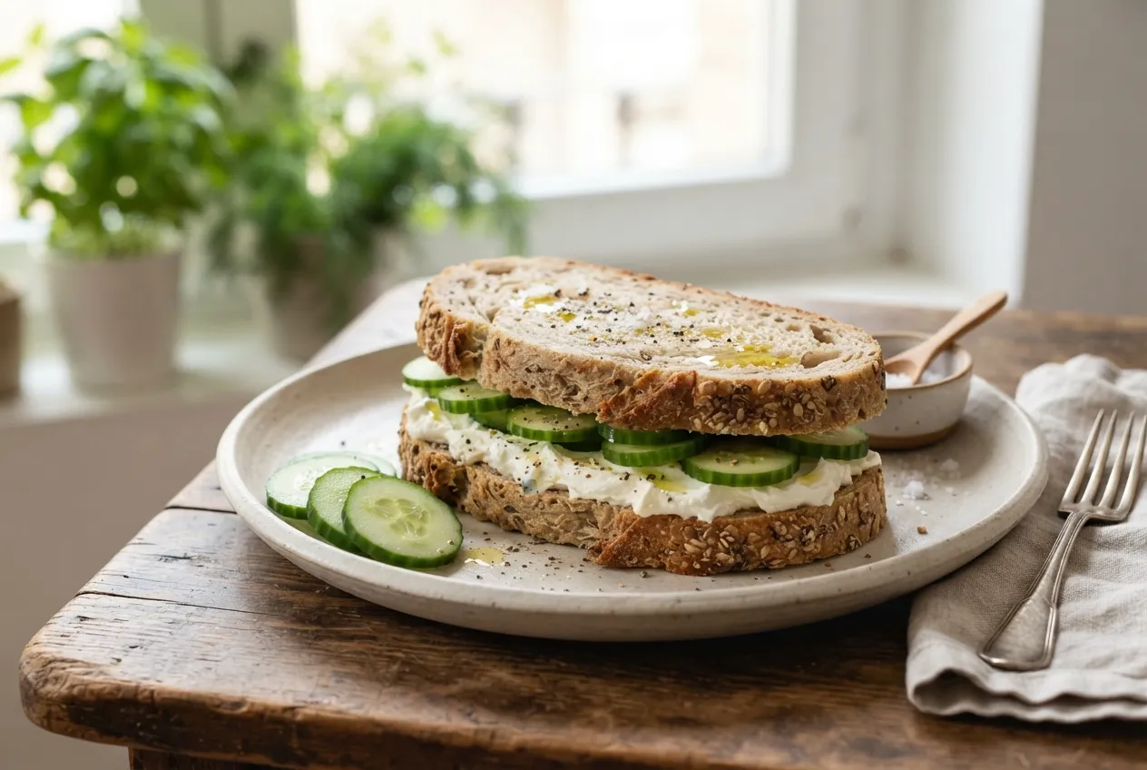 Sándwich de pan integral con queso crema y pepino