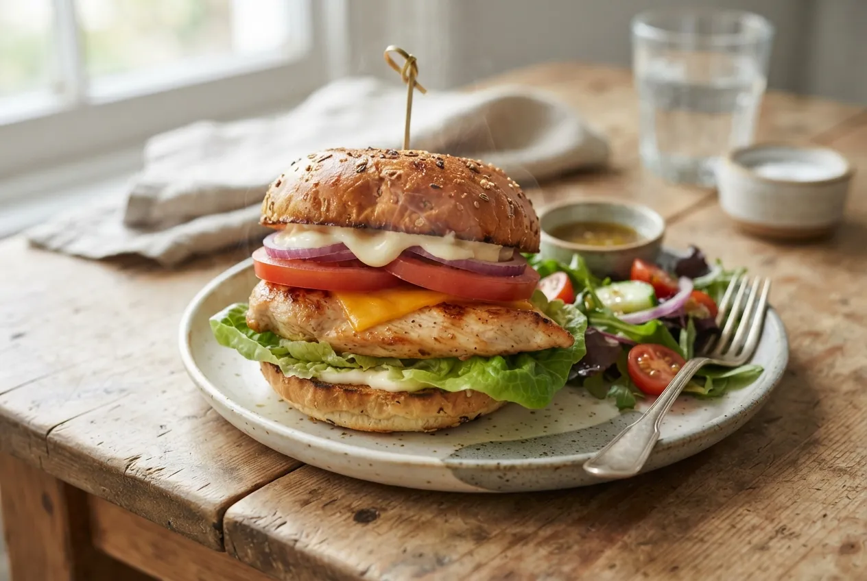 Sándwich de pollo con ensalada fresca y mayonesa