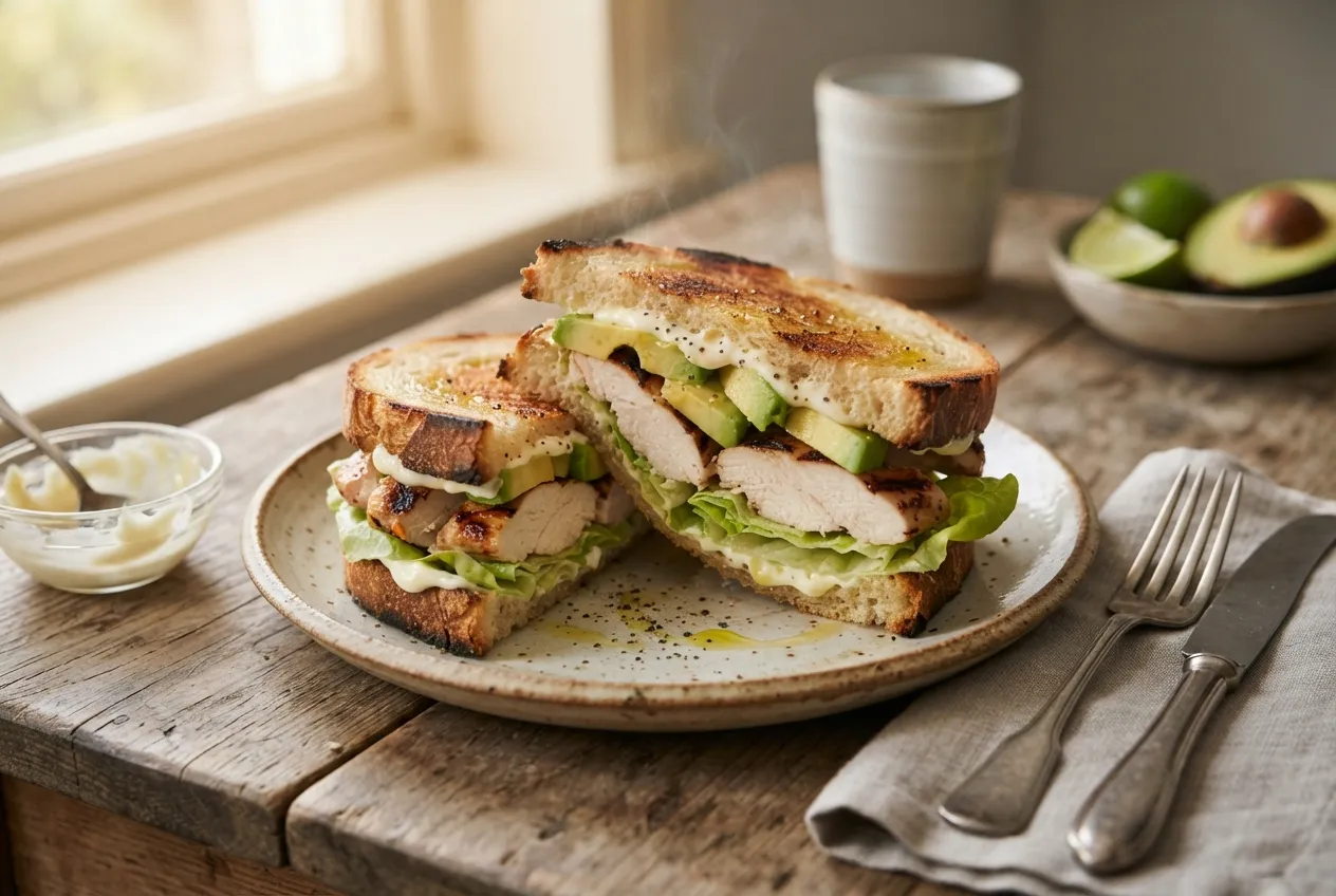 Sándwich de pollo grillado con palta y mayonesa casera para la cena