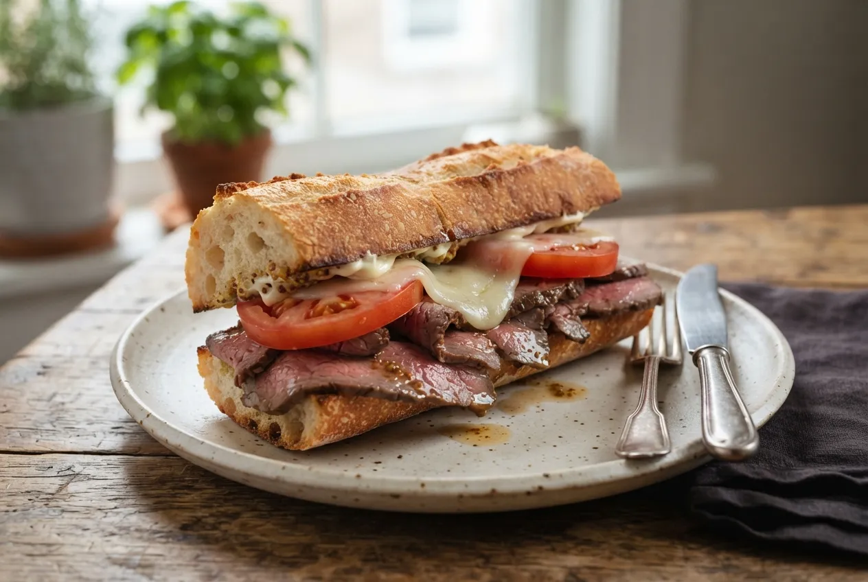 Sándwich de roast beef con queso y tomate para almuerzo rápido