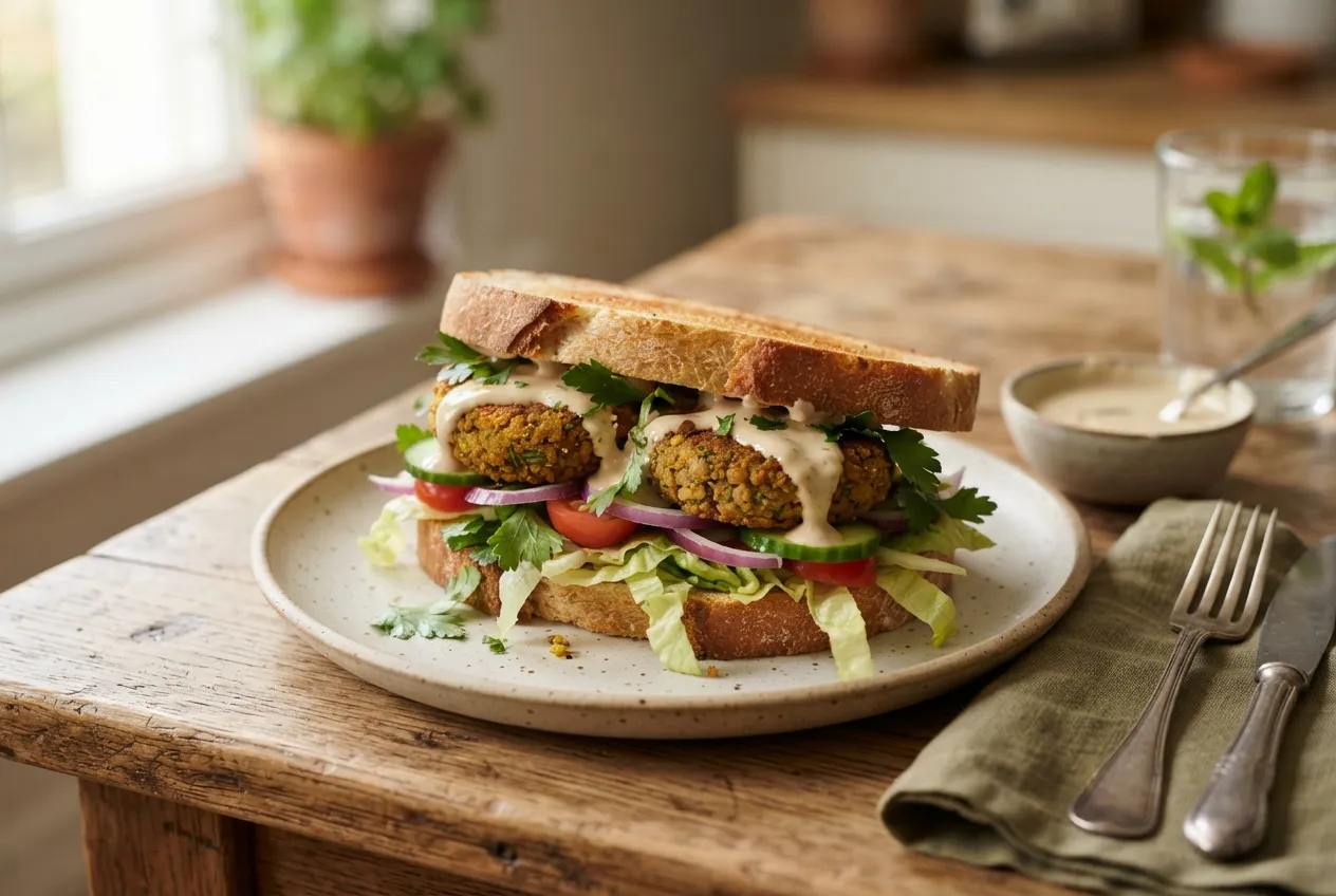 Sándwich vegano de falafel con ensalada y salsa tahini