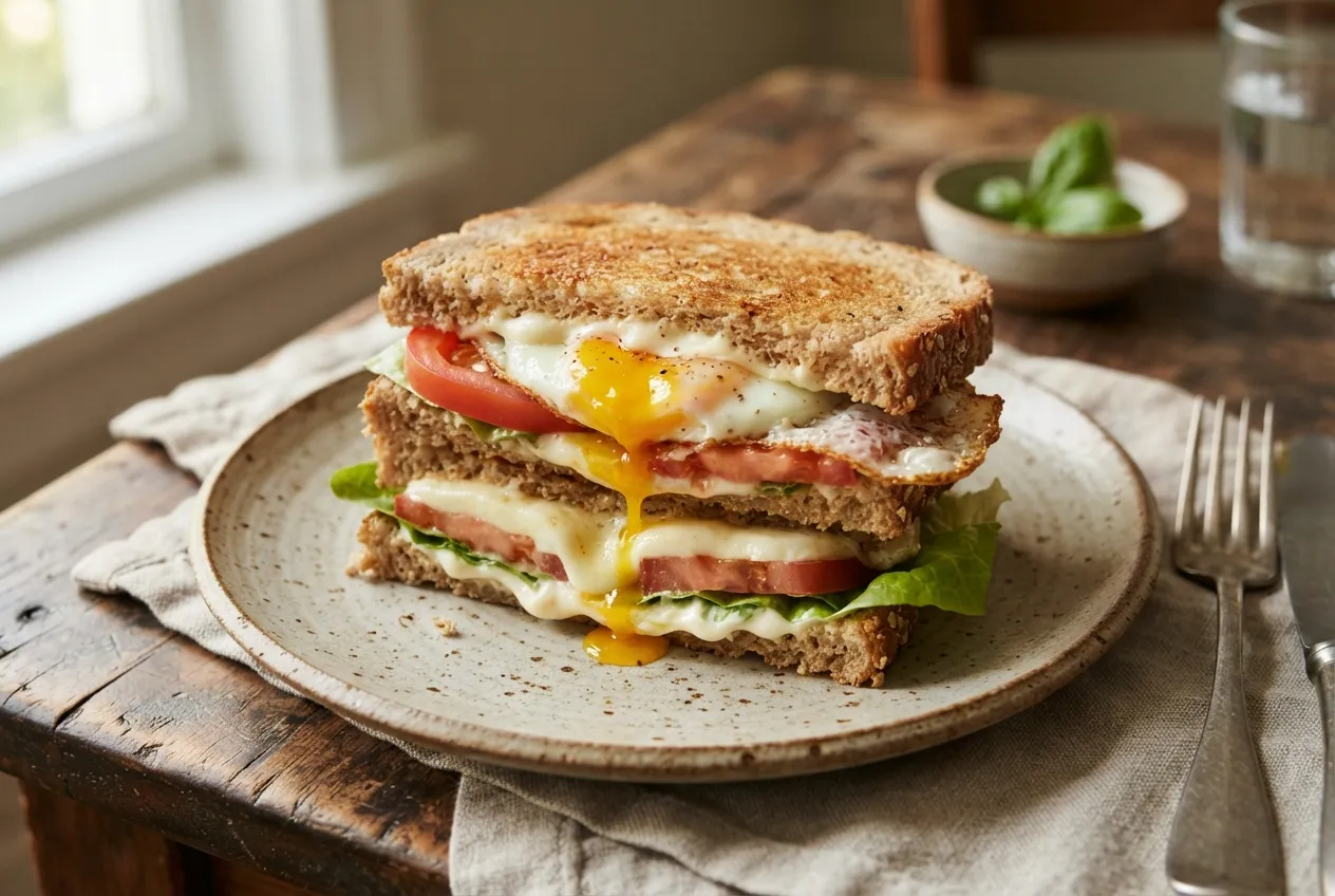 Sándwich vegetariano con huevo, tomate y mozzarella para la cena